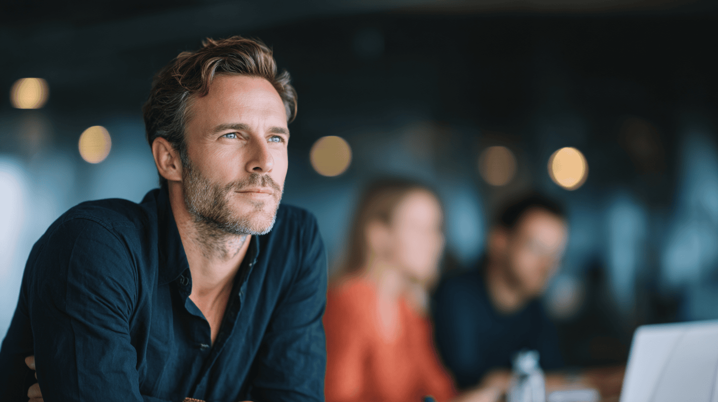 A thoughtful man in a dark shirt gazes upwards, with blurred colleagues and a laptop in the background.