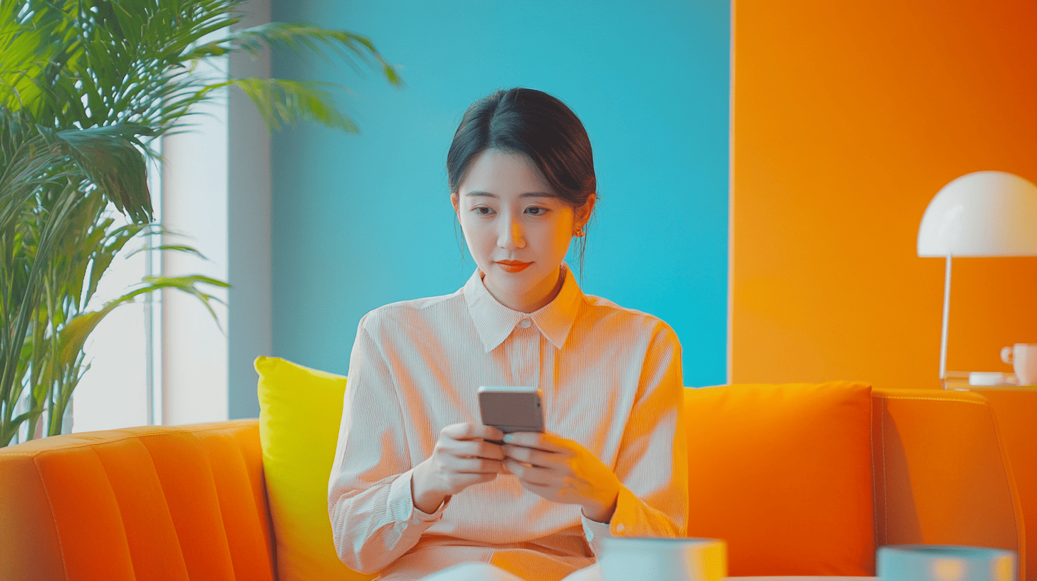 A young woman sitting on a colorful orange couch, focused on her smartphone, with plants and vibrant blue and orange walls.