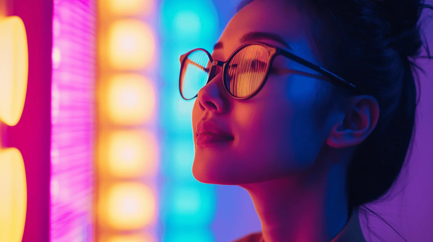 A young woman in stylish sunglasses, illuminated by colorful neon lights, profile view against a gradient background.