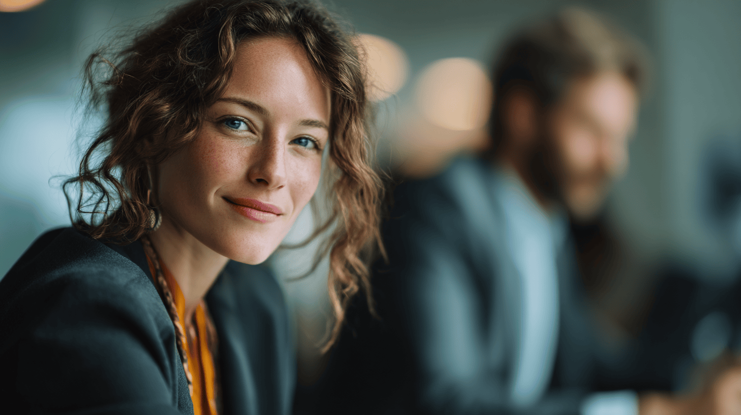 A woman with curly hair smiles at the camera while seated at a table, with a blurred man in a suit behind her.