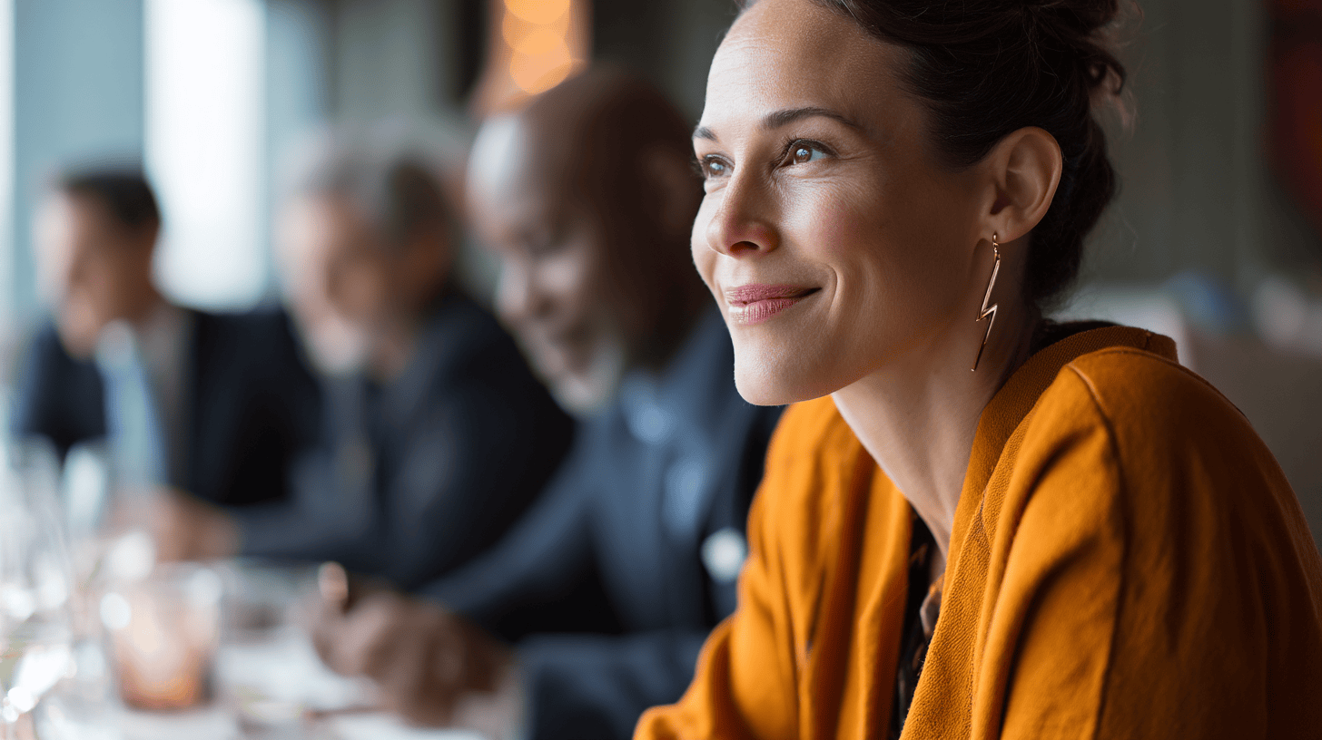 A woman in an orange jacket and gold lightning bolt earrings smiles at a dinner table with blurred men in suits.