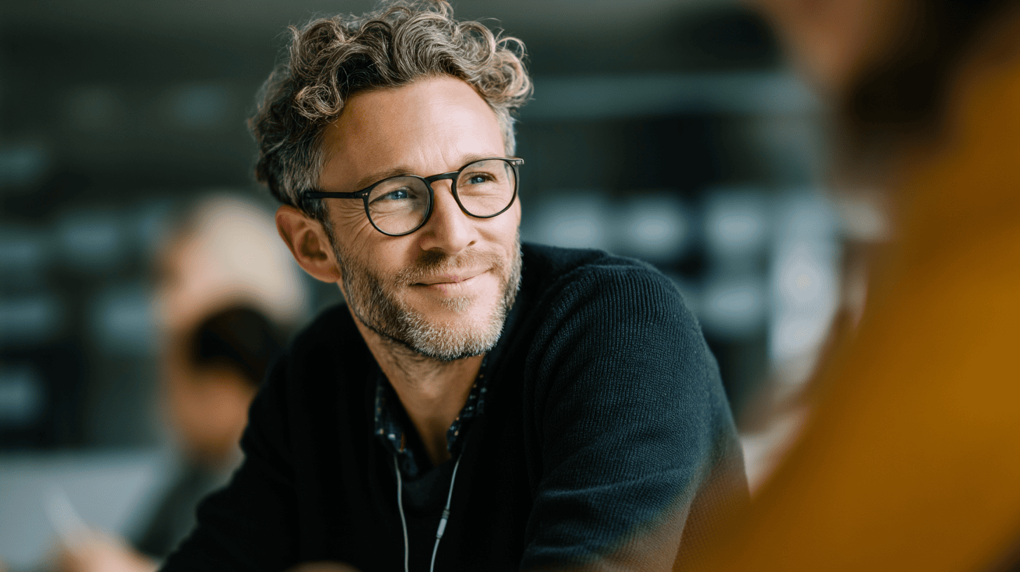 A smiling man with curly hair and glasses looks thoughtfully in a modern office setting, with blurred figures in the background.