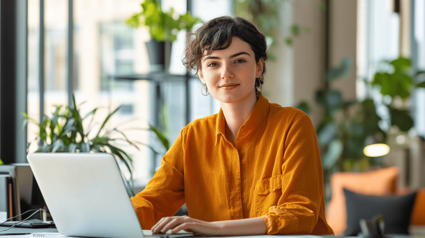 A young woman in an orange shirt sits at a desk with a laptop, smiling amidst indoor plants and modern decor.