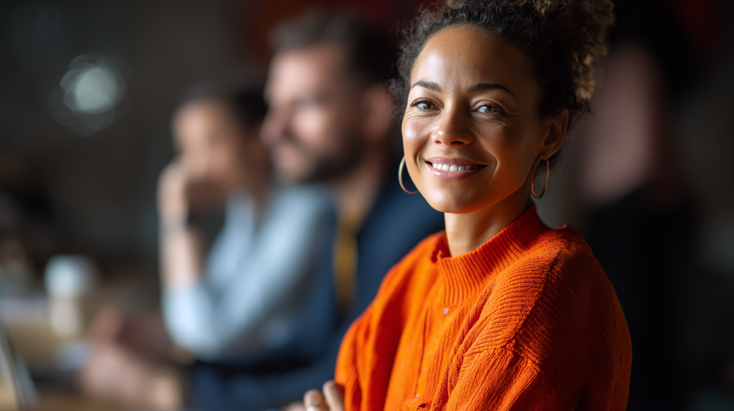 A woman in an orange sweater smiles warmly, with two blurred colleagues seated behind her in a workspace.