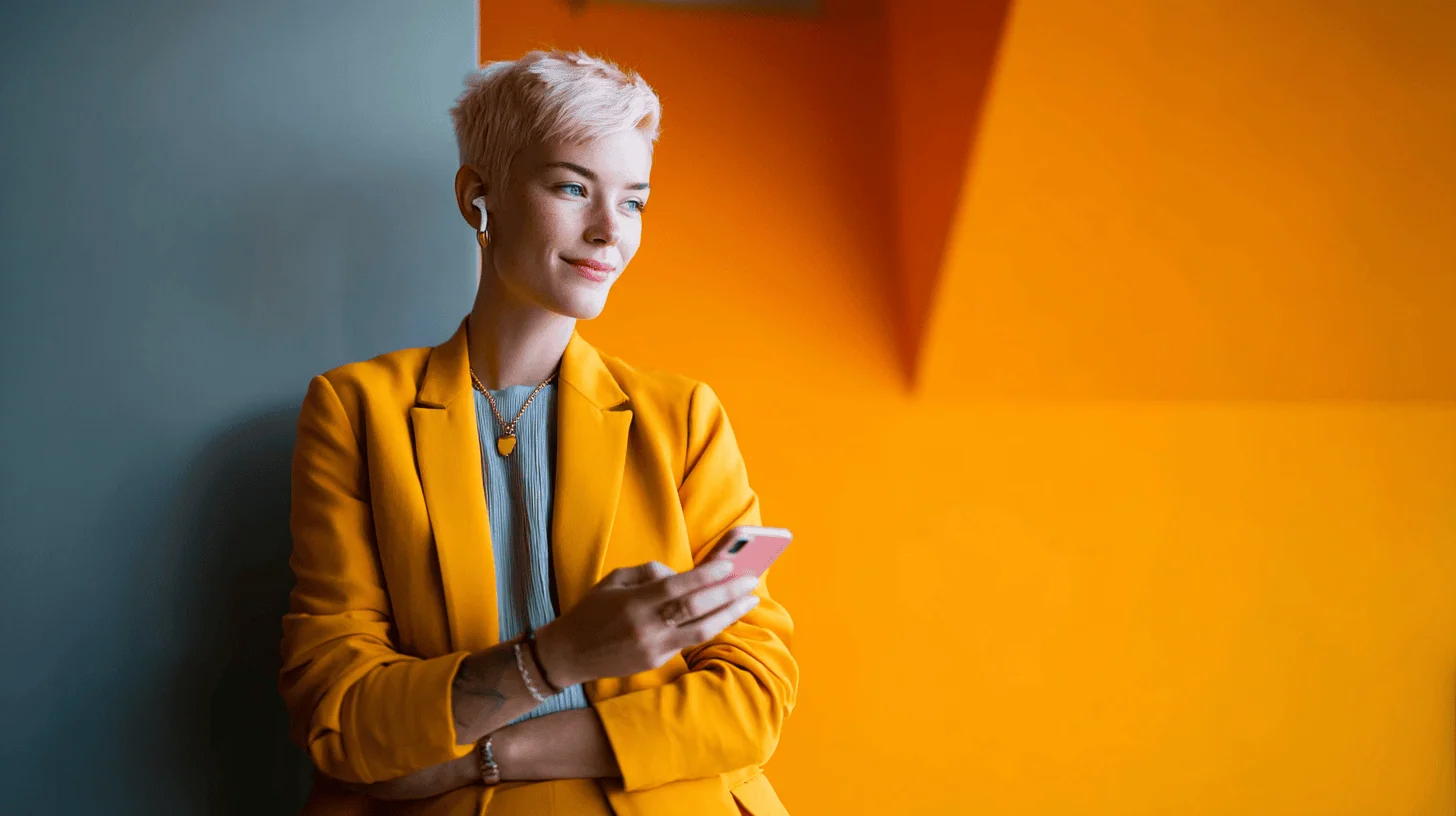 A person with short light hair in a yellow blazer stands by a colorful wall, holding a phone and wearing wireless earbuds.