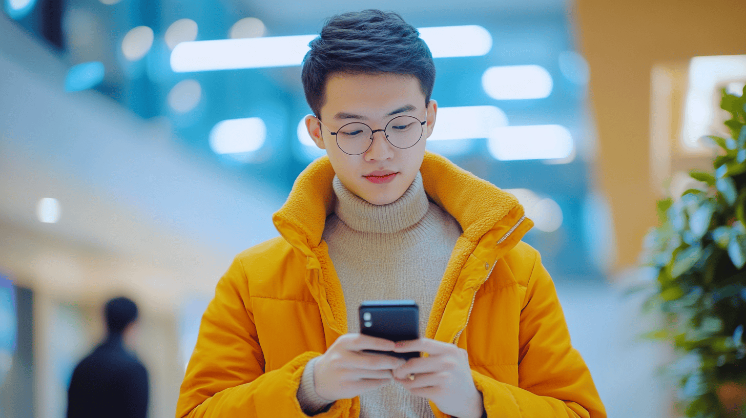A young man in a yellow jacket and glasses looks at his phone in a brightly lit, modern indoor space.