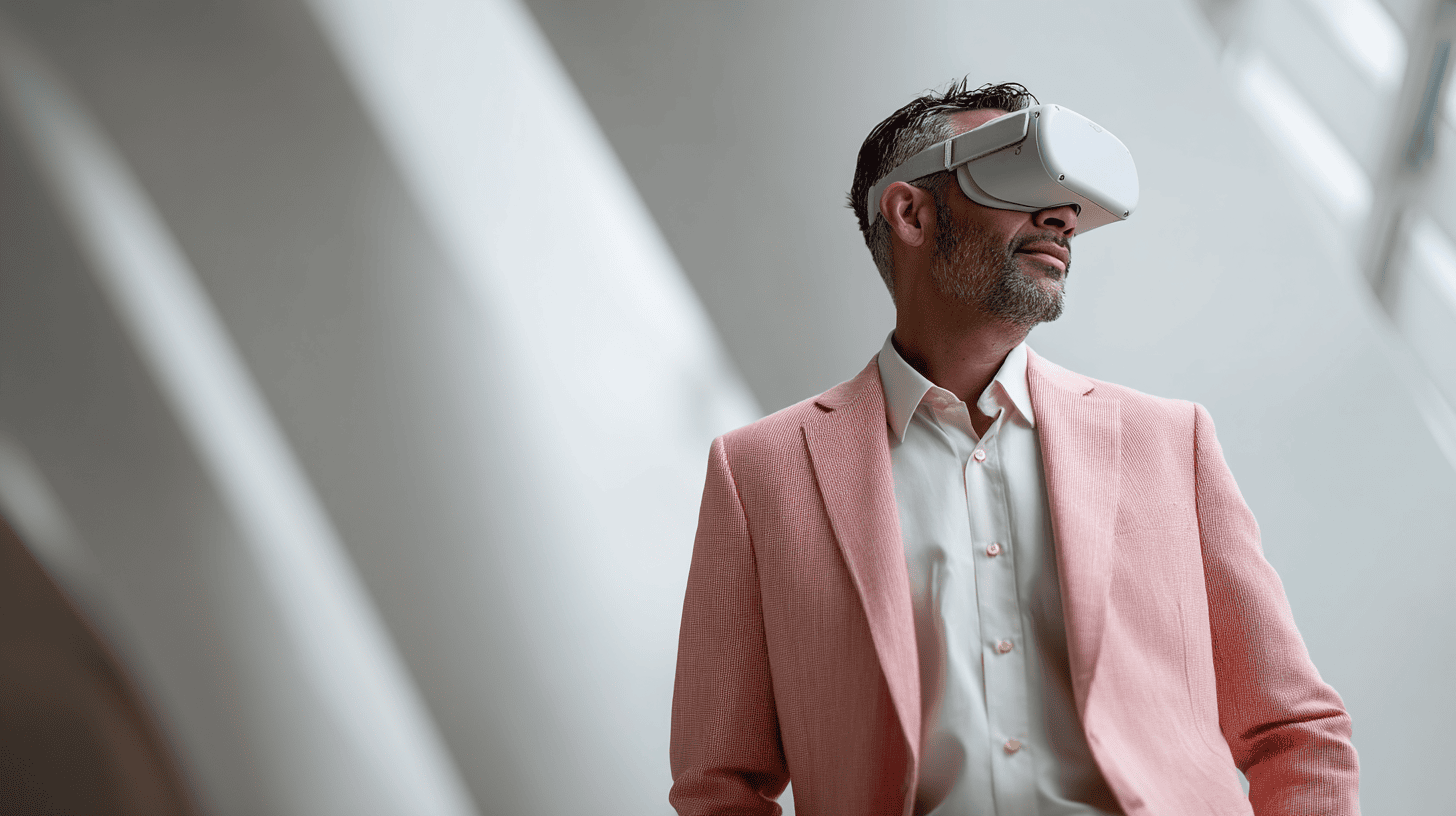 A man in a pink blazer and white shirt wears a VR headset, looking upward in a modern interior space.