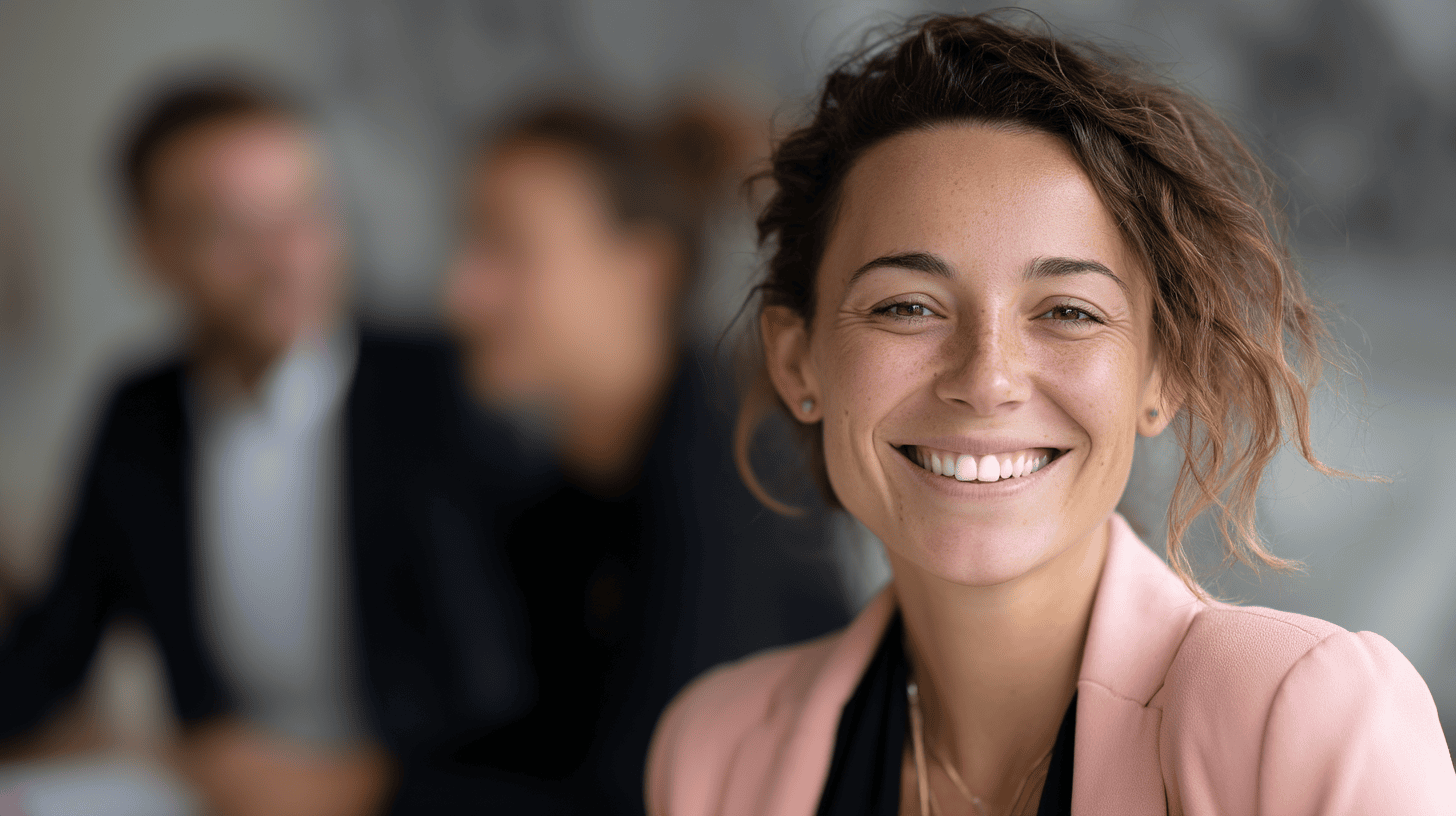 A smiling woman in a pink blazer sits in focus, with two blurred colleagues in the background.