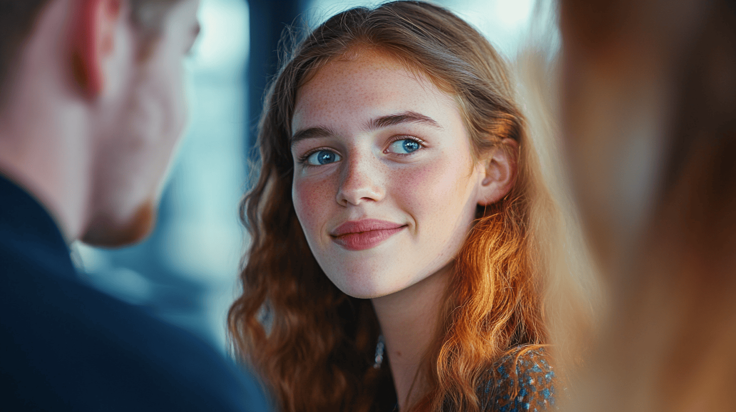 A young woman with wavy, reddish-brown hair smiles, sitting in a bright environment with blurred figures in the background.