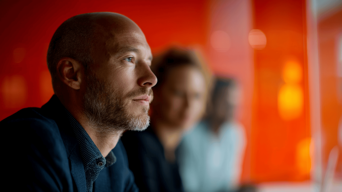 A close-up of a man with a beard in a dark suit, focused on a meeting with an orange background and blurred figures behind him.