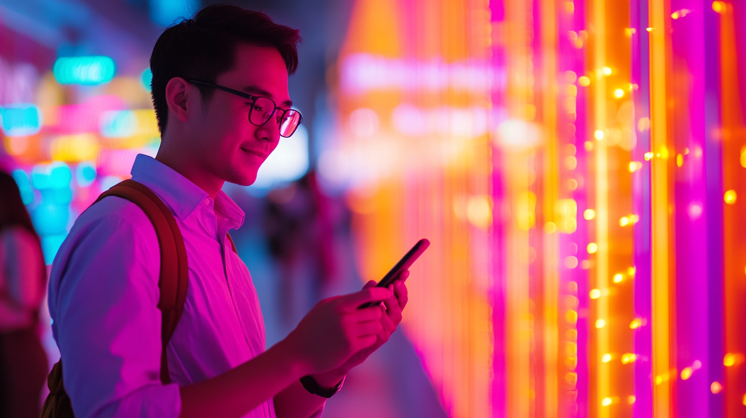 A smiling young man with glasses checks his phone, illuminated by vibrant pink and orange lights in a modern space.