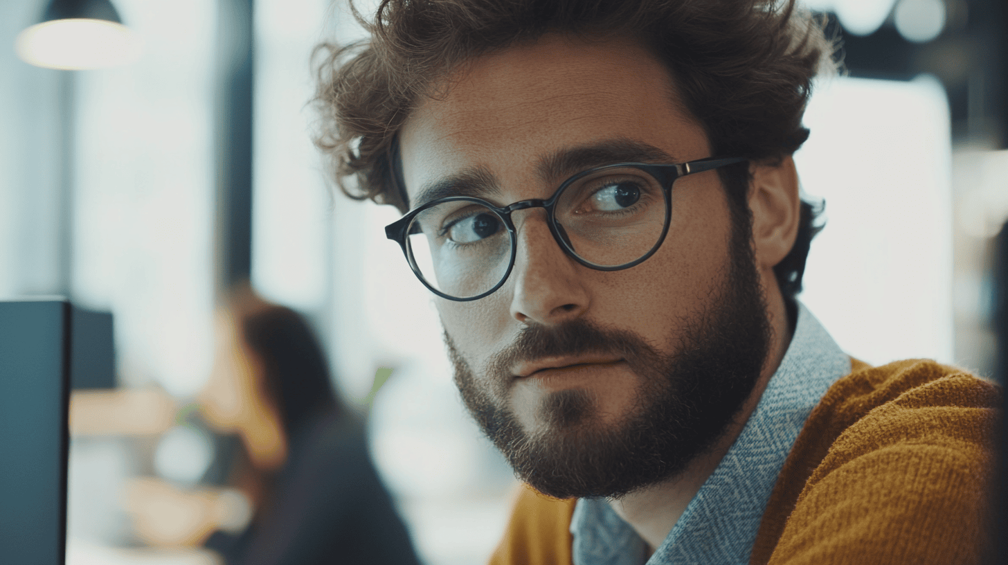 A young man with curly hair and glasses looks thoughtfully at the camera, seated in a bright office environment.