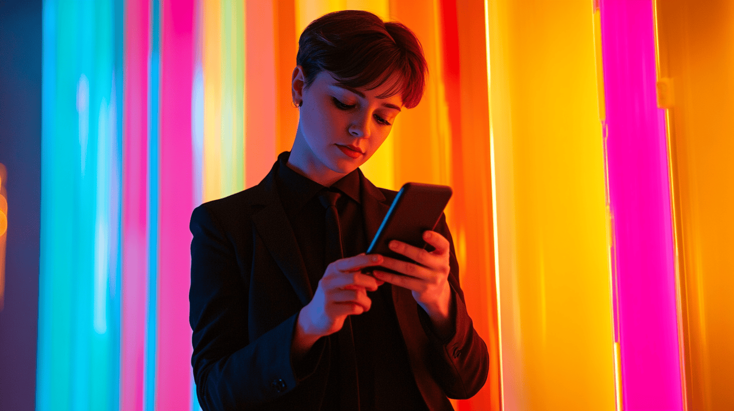 A person in a black suit stands in front of colorful neon lights, looking at their smartphone intently.