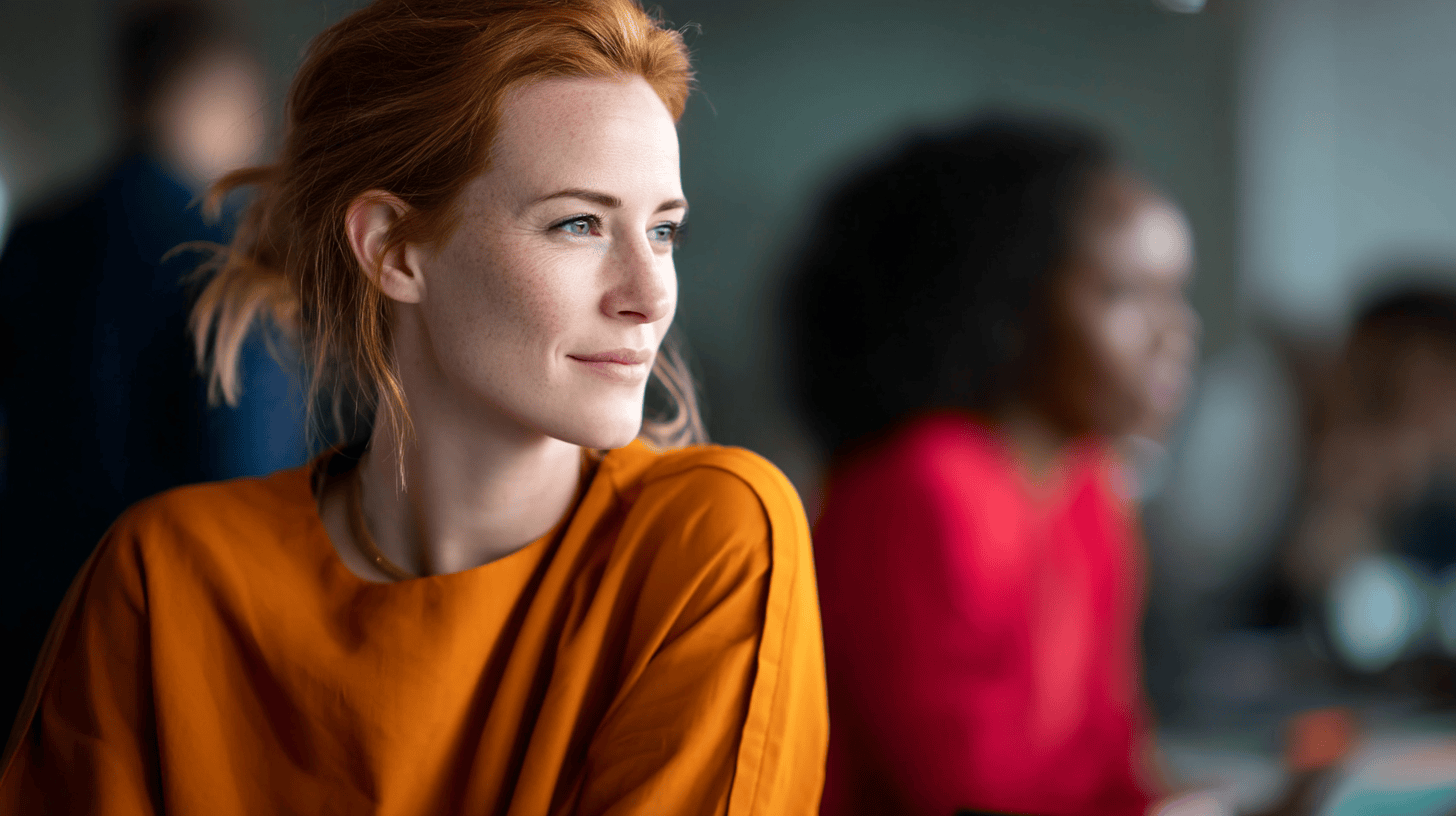 A woman with red hair and freckles gazes thoughtfully, wearing an orange top, with blurred figures in the background.