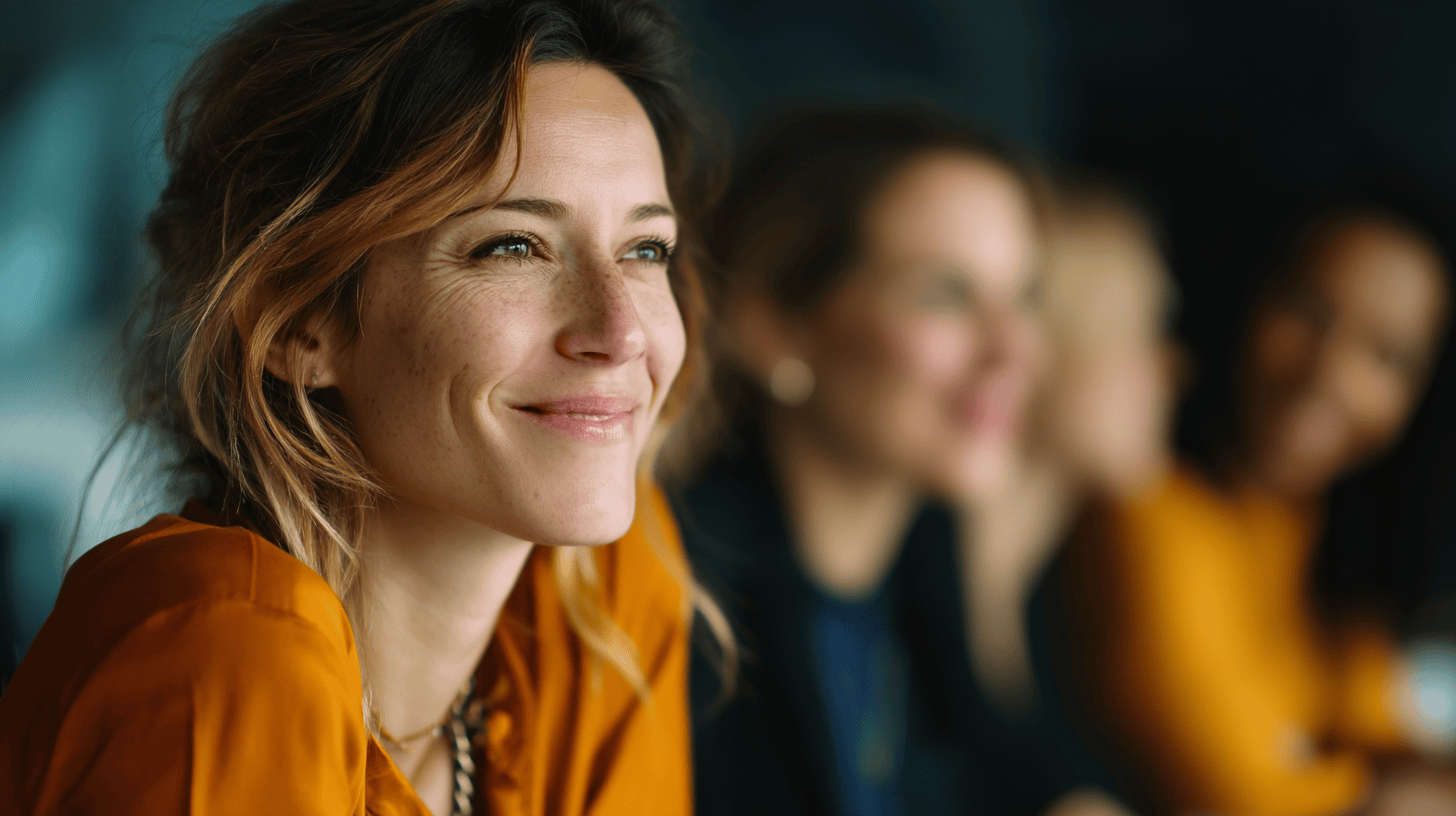 A woman in an orange blouse smiles, with blurred figures of other women in the background.
