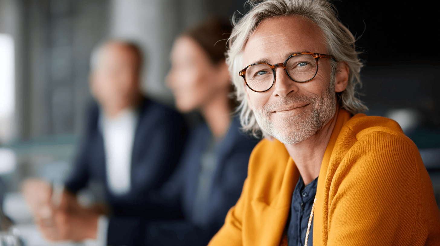 A smiling older man with glasses, wearing an orange sweater, sits in a blurred meeting room with two others in the background.