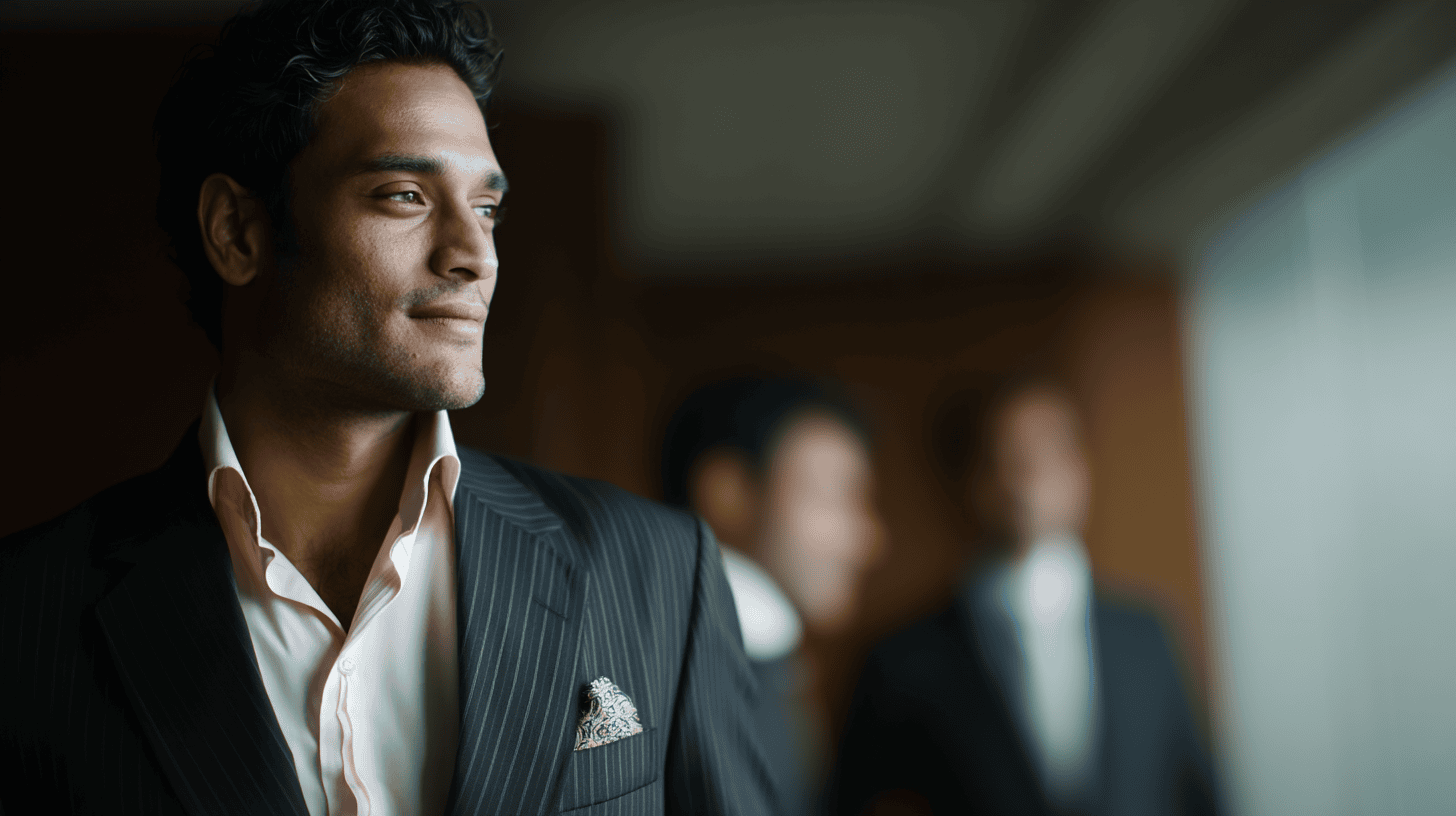 A well-dressed man in a striped suit and pink shirt gazes thoughtfully, with two blurred figures in the background.
