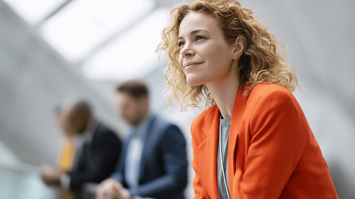 A woman with curly hair smiles while sitting in an office space; two blurred colleagues are visible in the background.