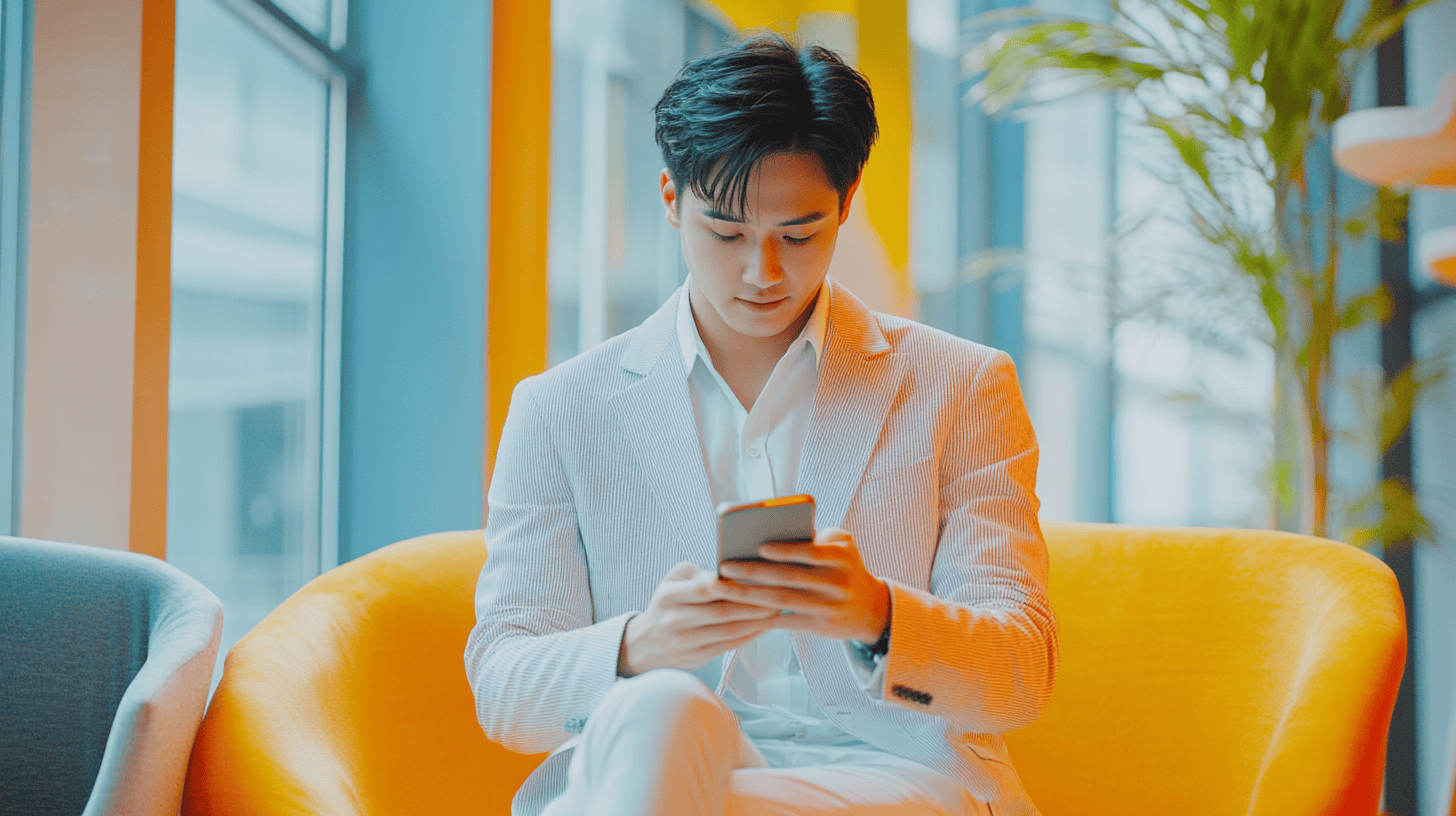 A young man in a light suit sits on a bright yellow chair, looking at his smartphone in a modern, well-lit space.