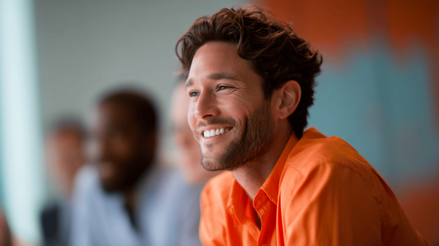 A smiling man in an orange shirt sits at a table, engaged in conversation with blurred figures in the background.