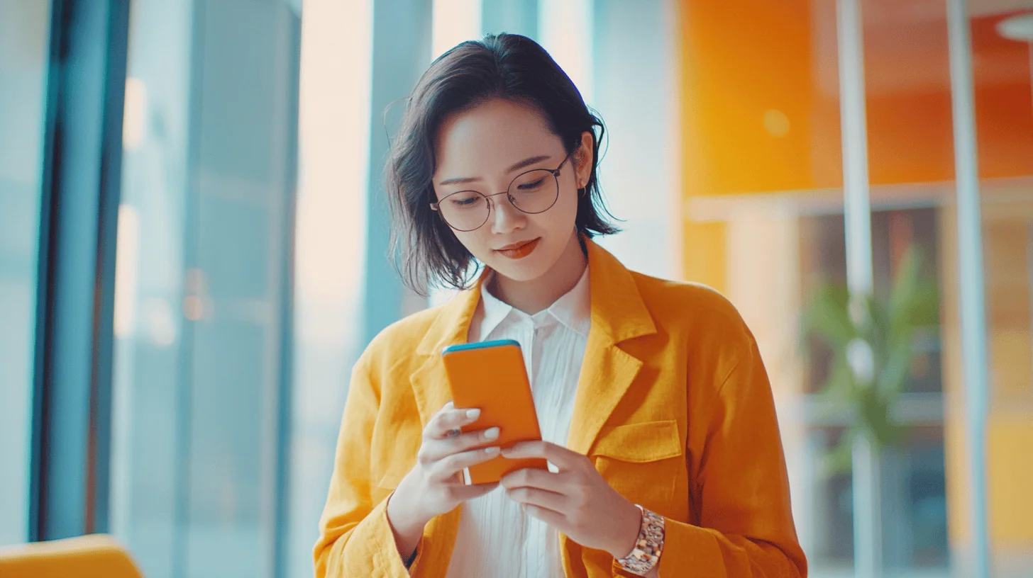 A young woman in a yellow blazer and glasses looks at her smartphone in a bright, modern indoor setting.