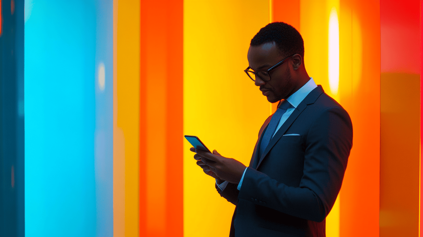 A man in a suit and glasses checks his phone against a colorful backdrop of vertical blue, yellow, and orange stripes.