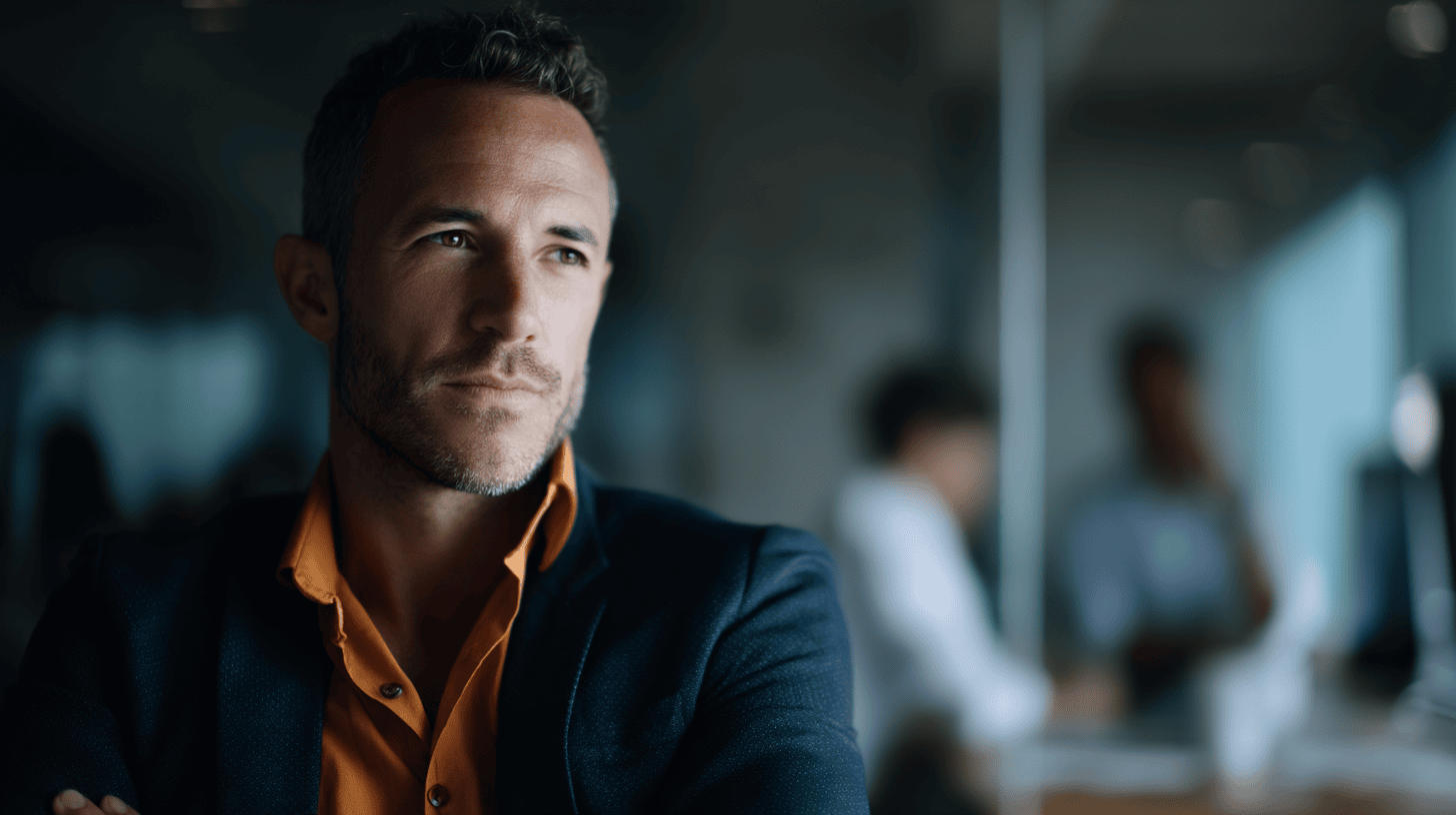 A man with short hair and a trimmed beard wears a navy blazer over an orange shirt, looking thoughtfully in an office.