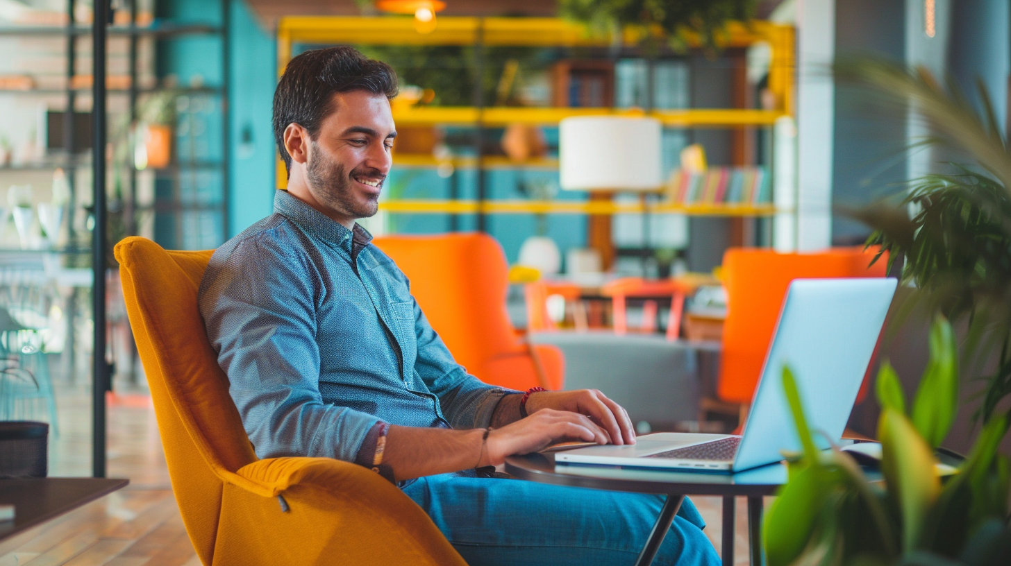 A man sits in an orange chair, smiling while using a laptop in a bright, modern workspace filled with plants.