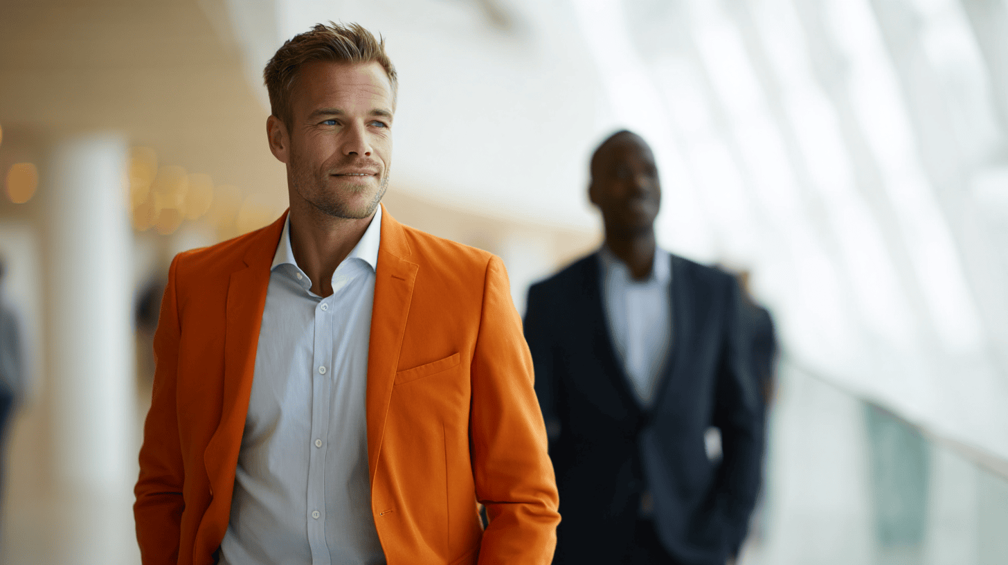 A man in an orange blazer smiles confidently with another man in a dark suit blurred in the background. Modern interior setting.