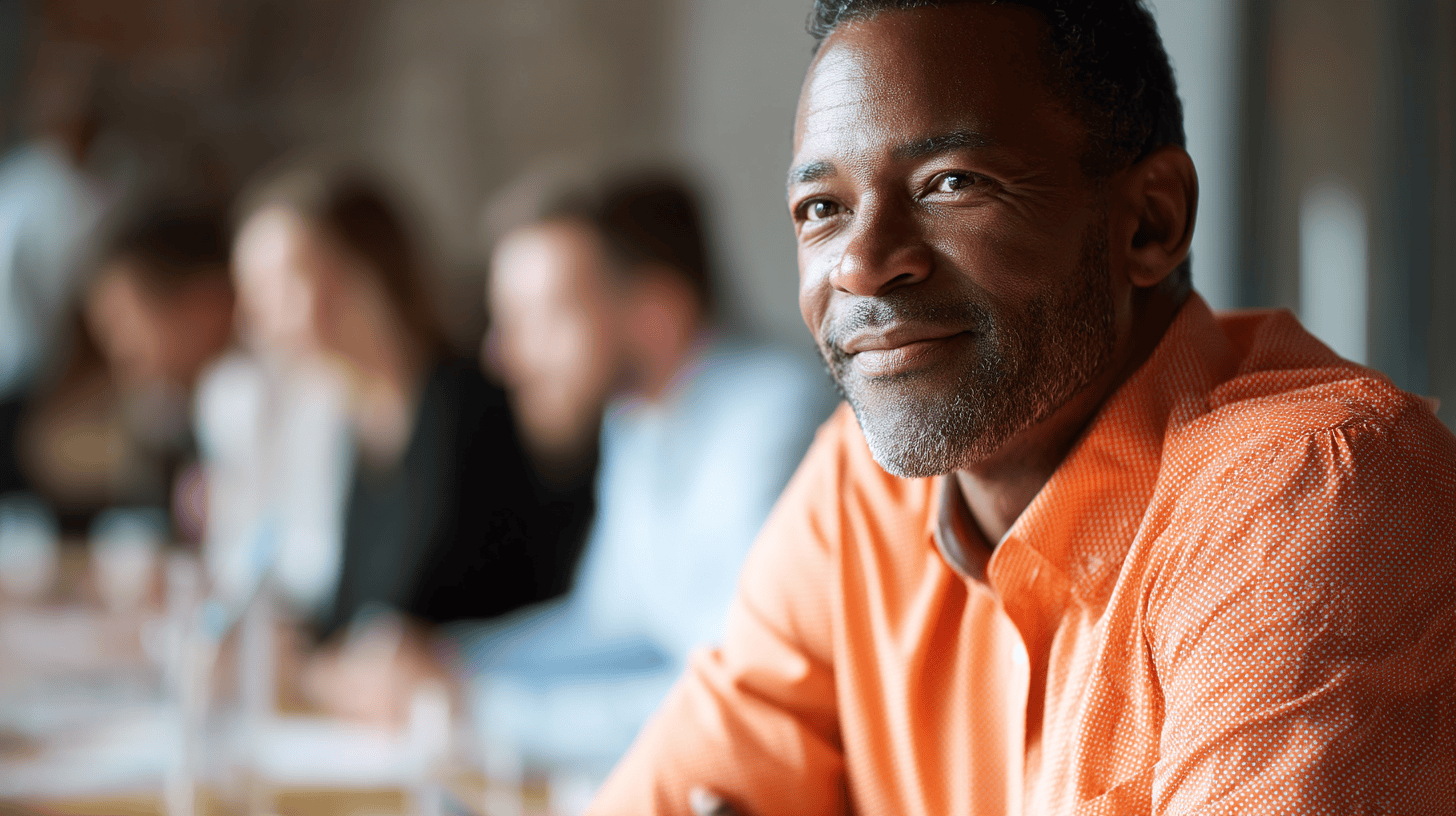 A smiling man in an orange shirt sits at a table with blurred people in the background during a meeting.