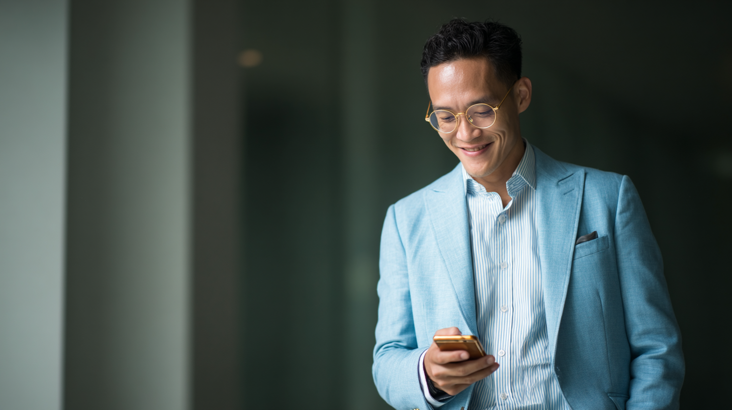 A smiling man in a light blue blazer checks his phone while standing indoors, with a blurred background.