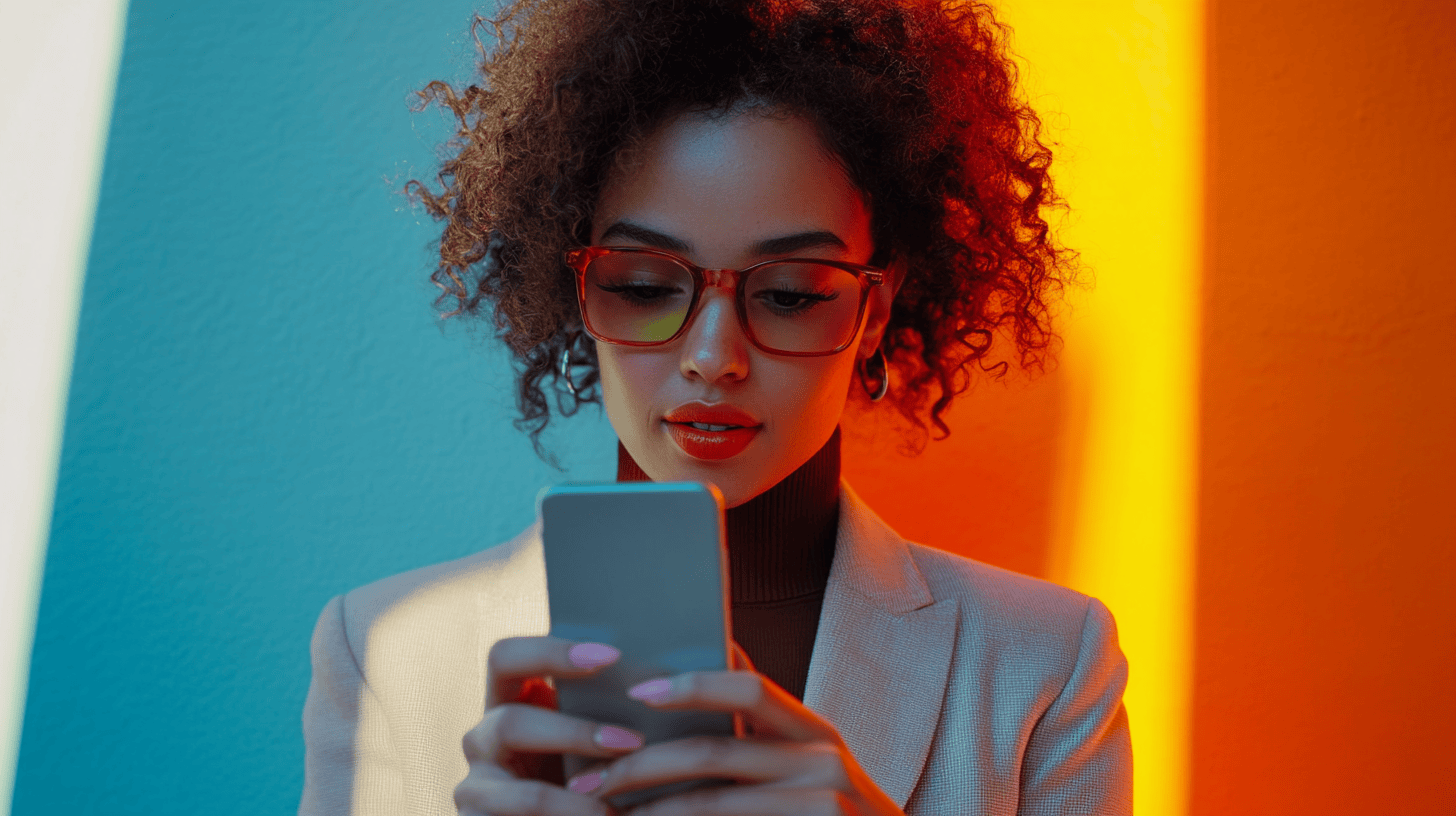 A woman with curly hair and glasses holds a smartphone, standing against a vibrant blue and orange background.