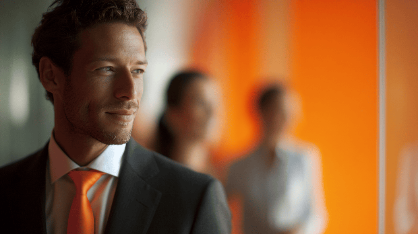Man in a suit with an orange tie, looking thoughtfully, with blurred figures and an orange backdrop.