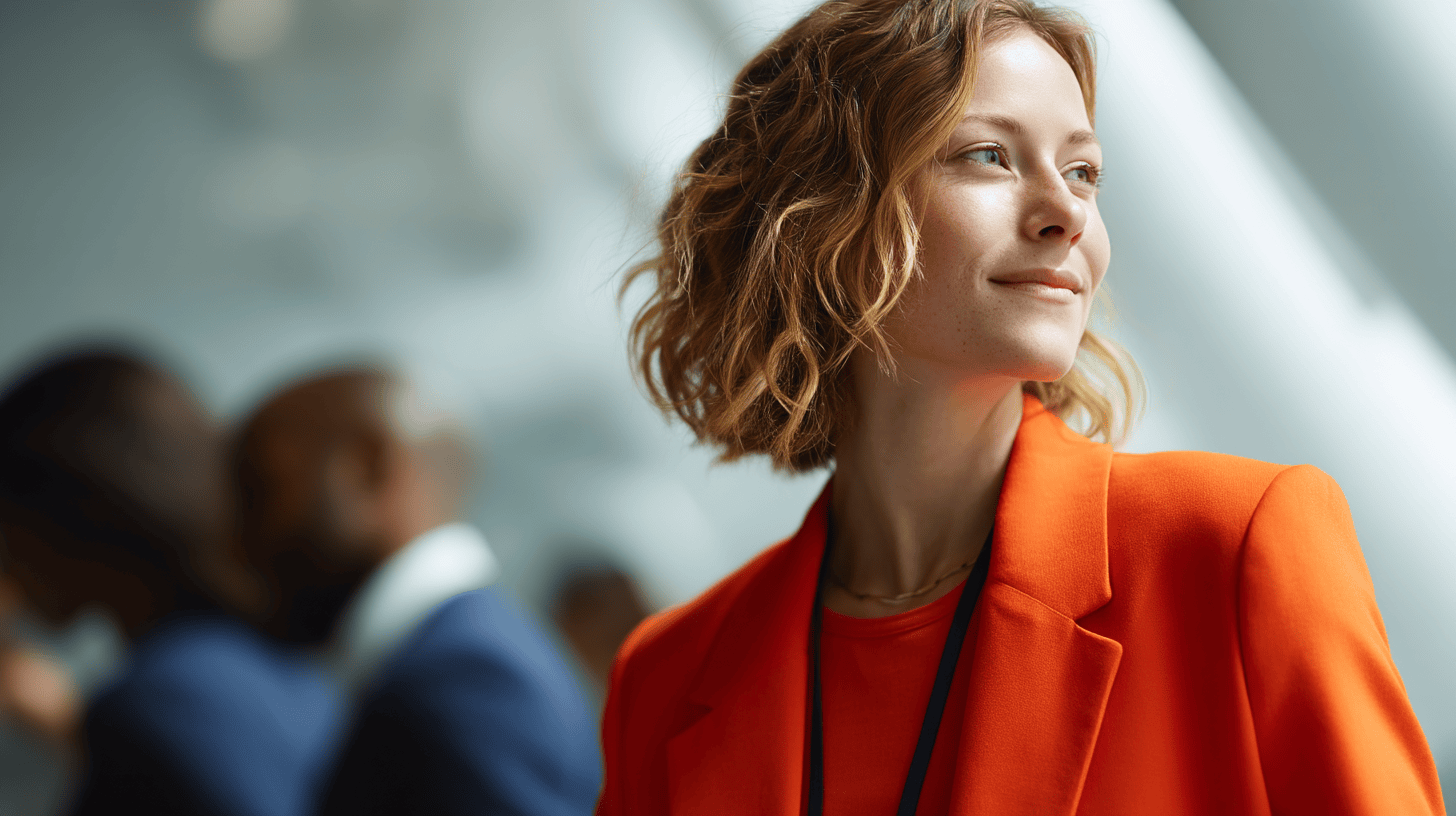 Woman with curly hair wearing an orange suit smiles in a blurred professional setting with others in the background.