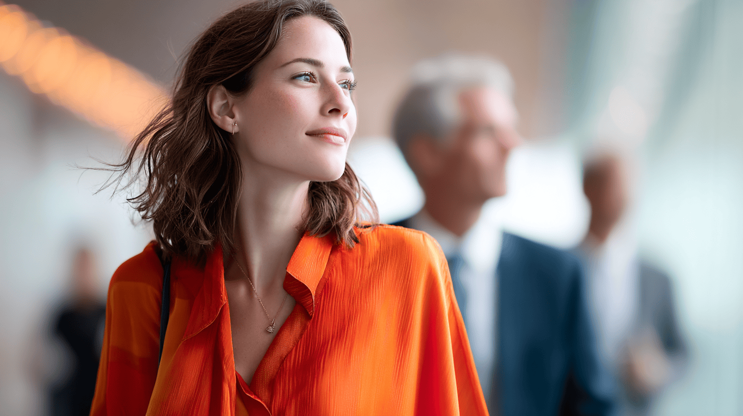 A woman in an orange blouse smiles, with blurred figures of two men in suits in the background. Bright lighting in the space.
