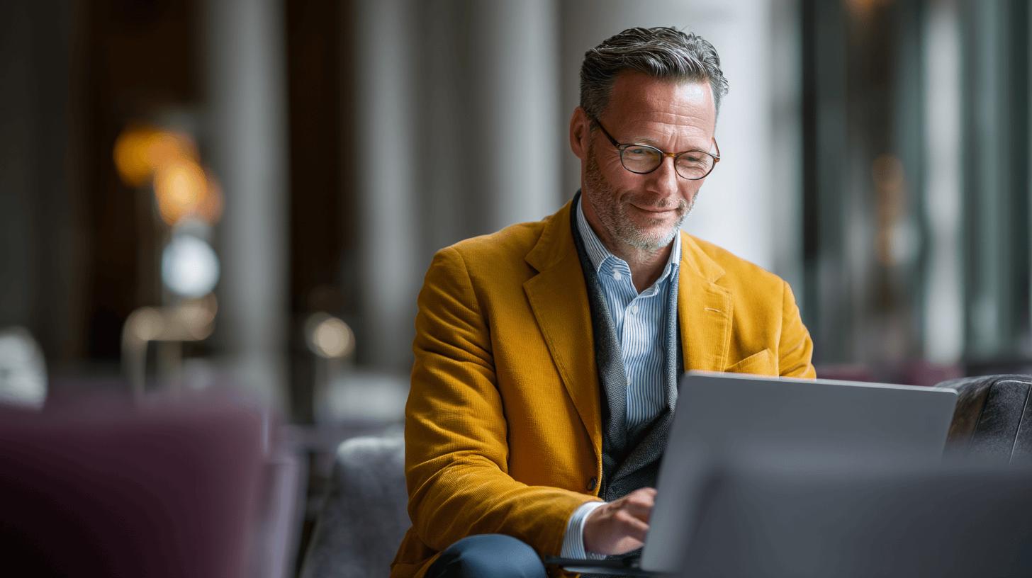 A smiling man in a yellow blazer works on a laptop in a stylish, modern setting with soft, blurred lighting.