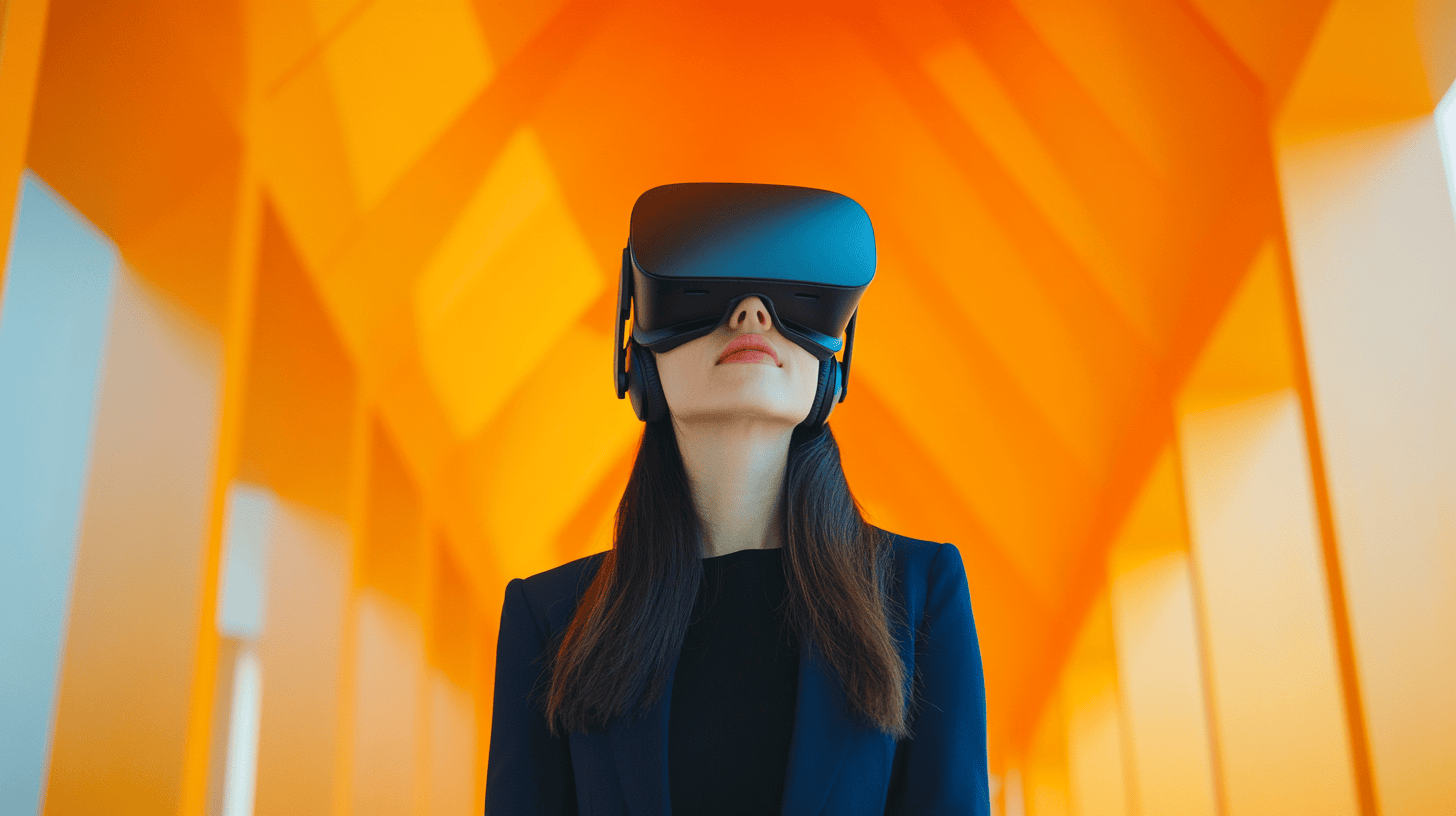 A woman wearing a VR headset stands in a brightly lit corridor with bold orange walls.