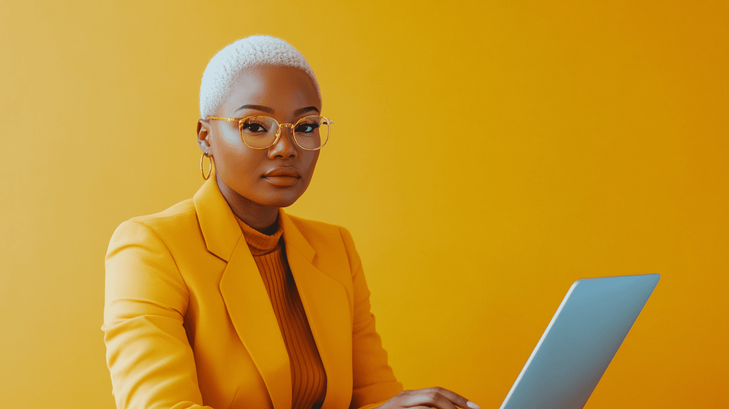 A person with short white hair and glasses sits at a laptop, wearing a bright yellow blazer against a yellow background.