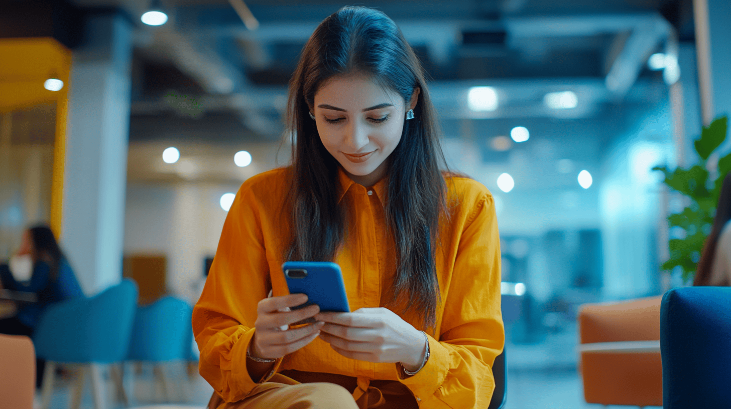 A young woman wearing an orange blouse sits indoors, smiling while looking at her smartphone. Soft lighting surrounds her.
