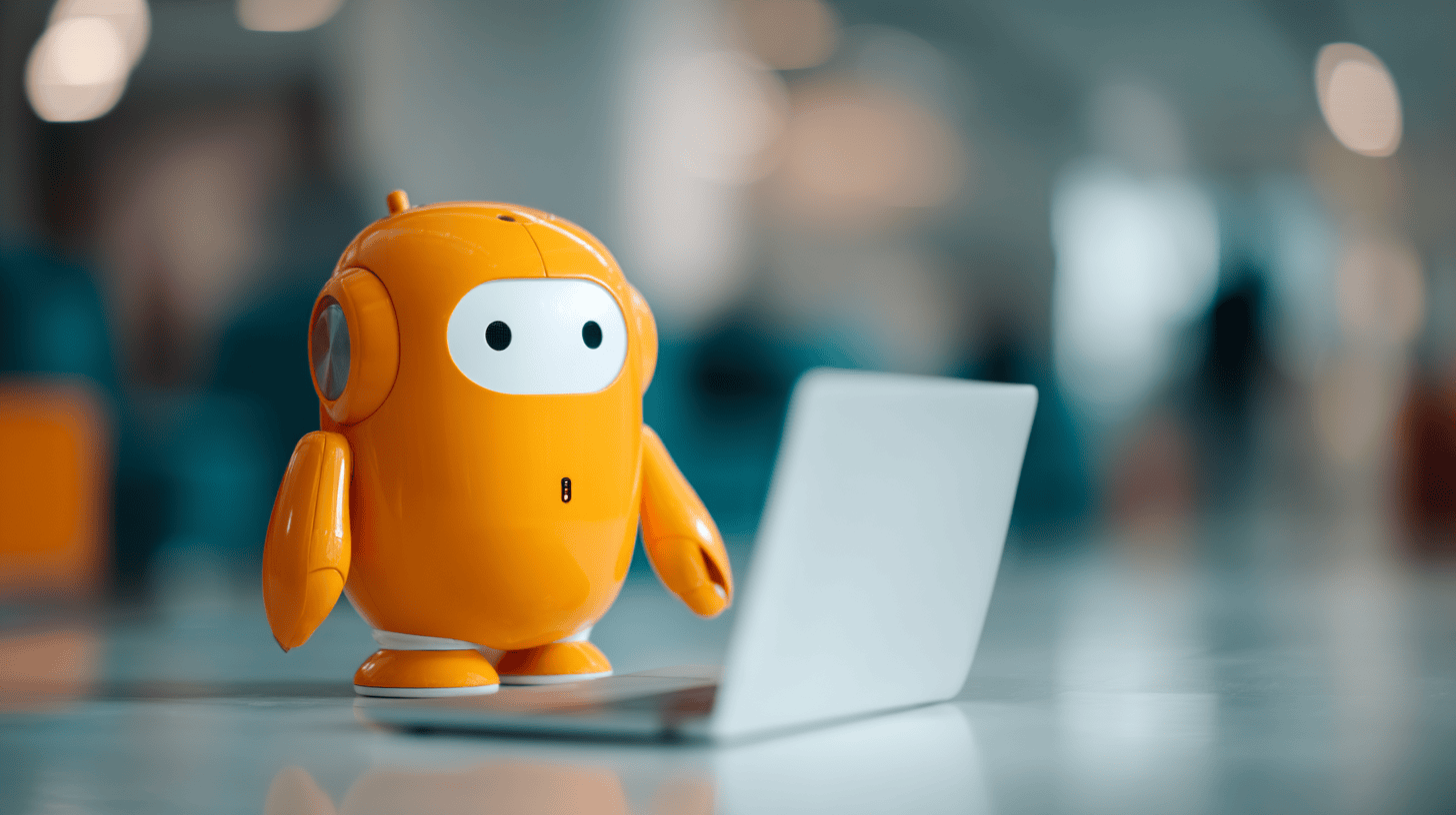 A small orange robot with a rounded design stands beside a laptop in a blurred background.