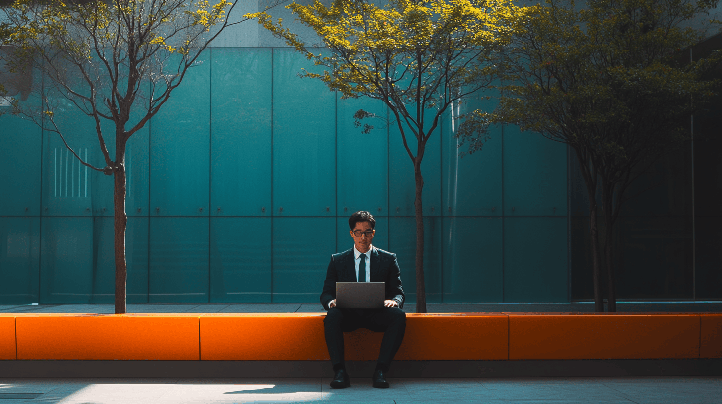 A man in a suit sits on an orange bench, working on a laptop surrounded by trees and a glass building.