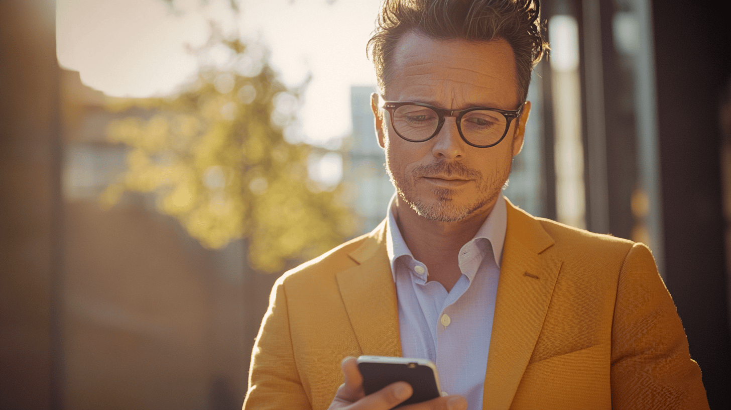 A man with glasses in a yellow blazer looks at his smartphone, with blurred greenery and buildings in the background.
