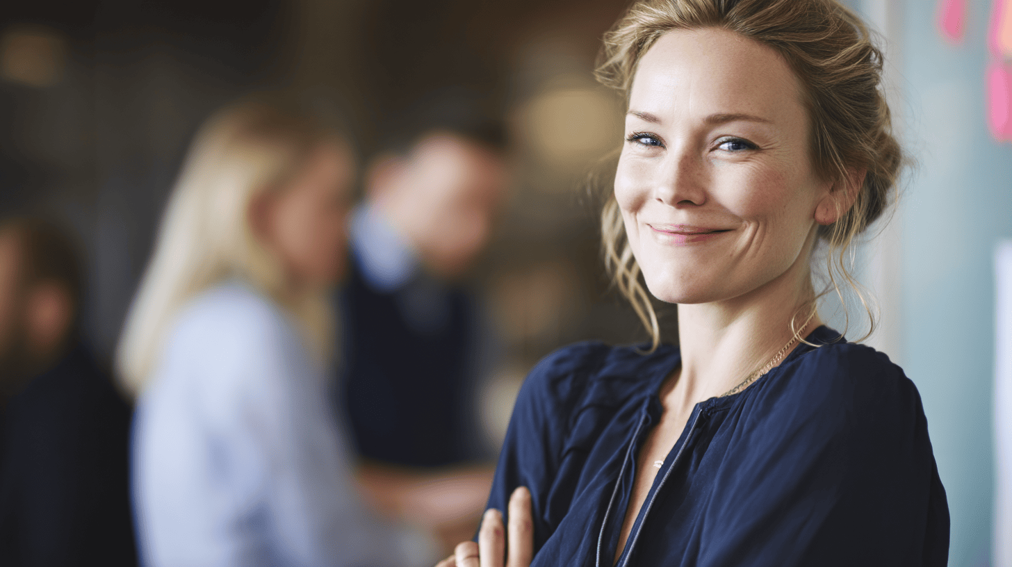 Smiling woman with wavy hair in a dark blouse, standing in a modern office with blurred colleagues in the background.