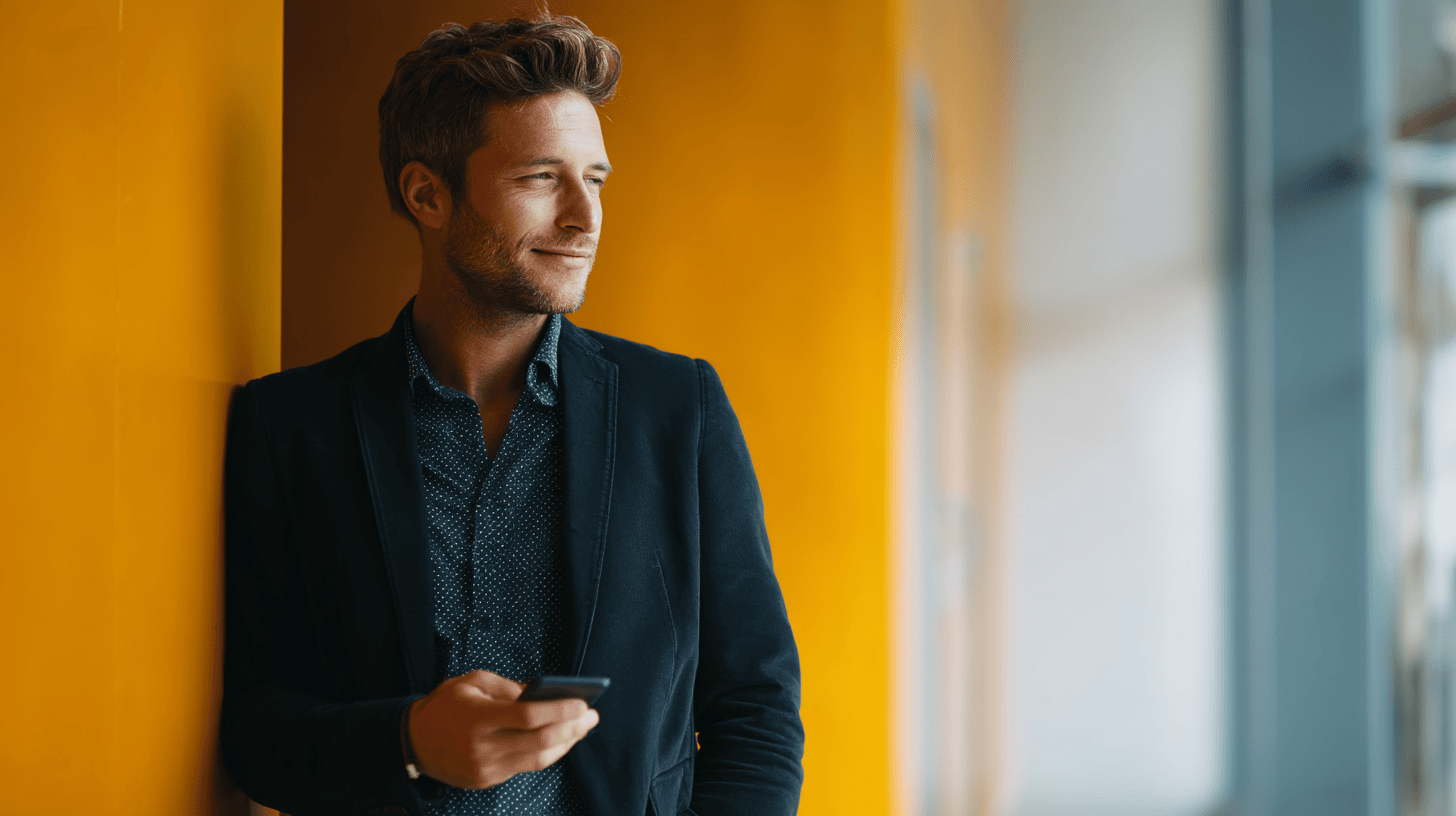 A man in a dark blazer leans against a bright yellow wall, looking at his phone with a slight smile.