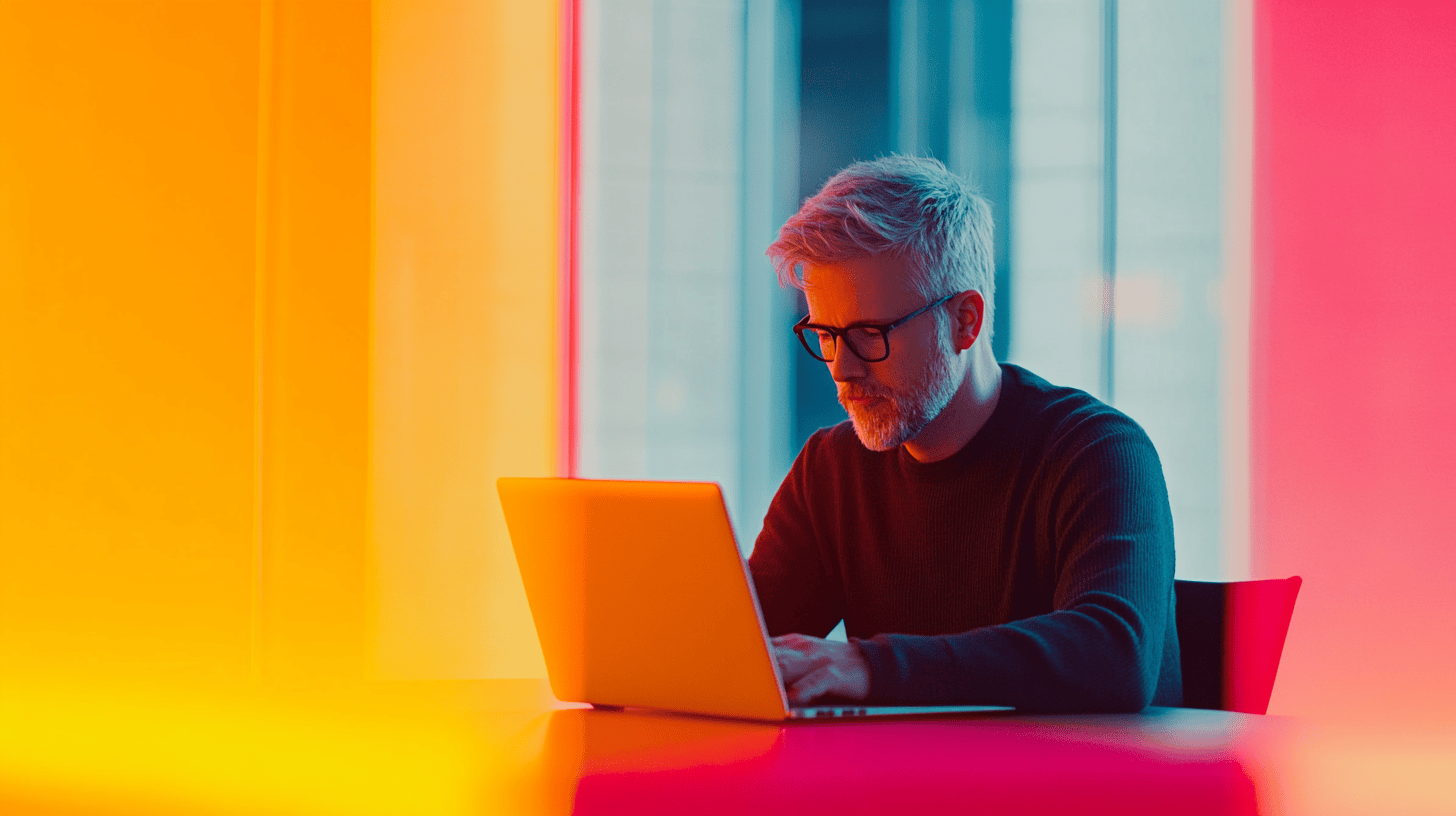 A man with gray hair and glasses works on a laptop, surrounded by vibrant orange and blue lighting.
