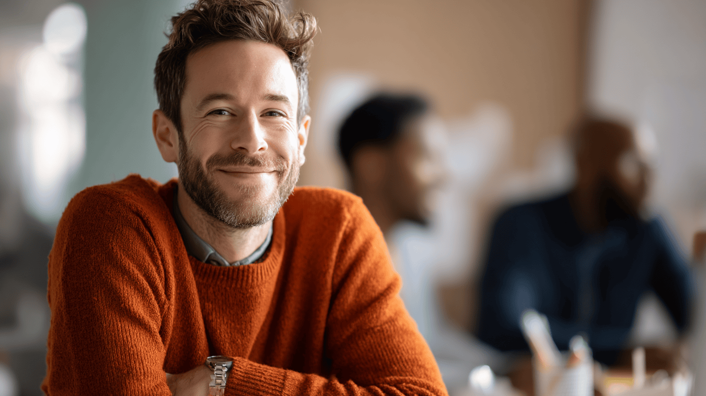 Smiling man in an orange sweater sits with arms crossed, blurred colleagues in the background, in a bright office setting.
