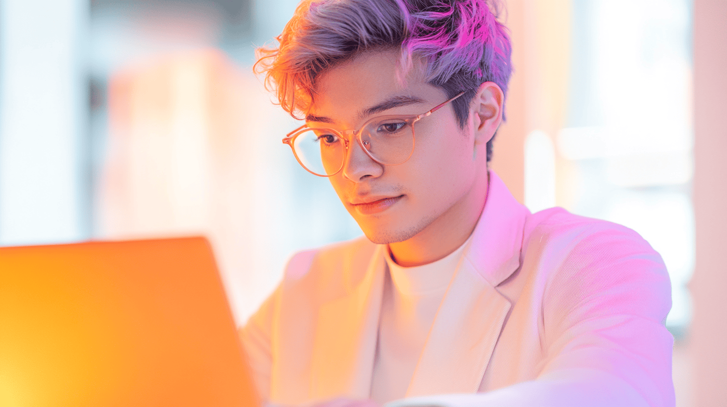 A young man with dyed hair and glasses focuses on a laptop in a brightly lit, colorful environment.