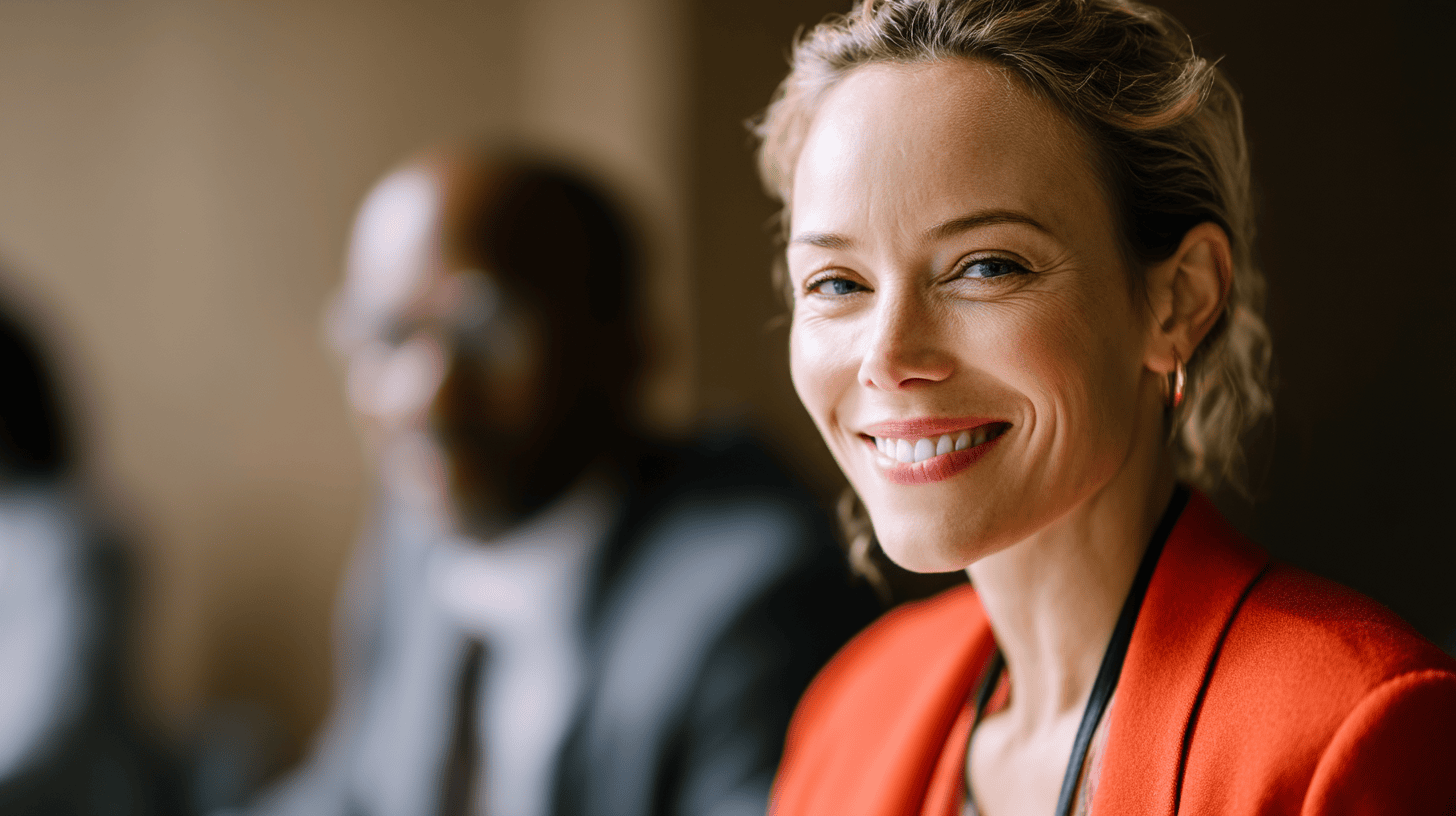 A smiling woman in an orange blazer sits at a meeting table, with a blurred figure in the background.