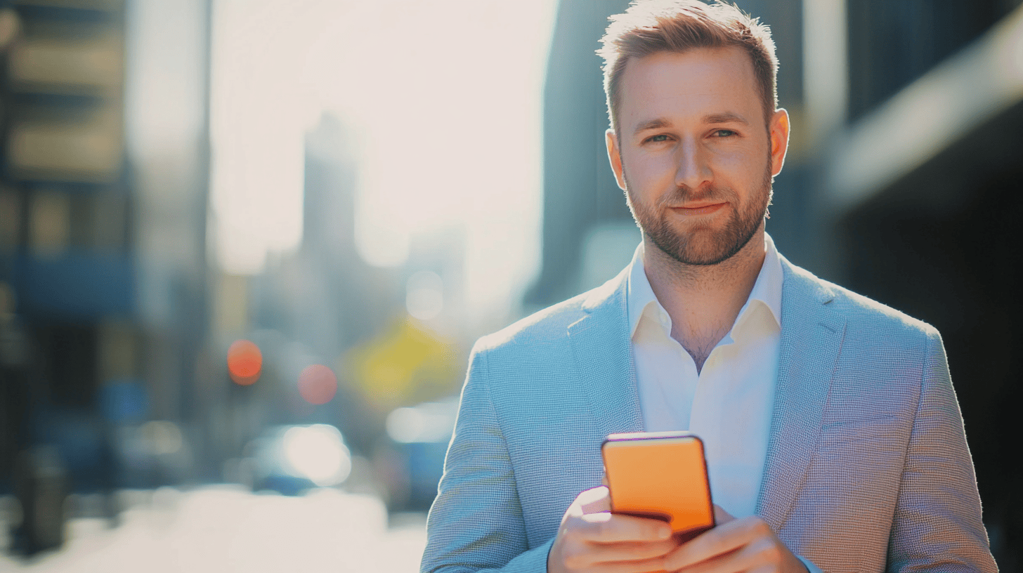 A man in a light gray suit stands on a city street, holding a smartphone, with buildings and bright sunlight in the background.