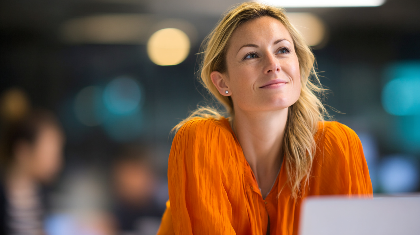A woman with blonde hair wearing an orange shirt looks thoughtfully while sitting at a desk in a modern office.